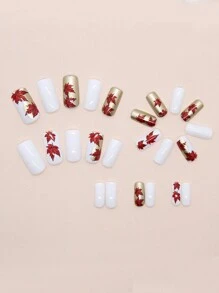 24 piezas de uñas postizas cuadradas cortas con patrón de hojas de arce de otoño e invierno, decoración de uñas dulce, adecuado como regalo DIY para amigos - Multicolor - Ver 3