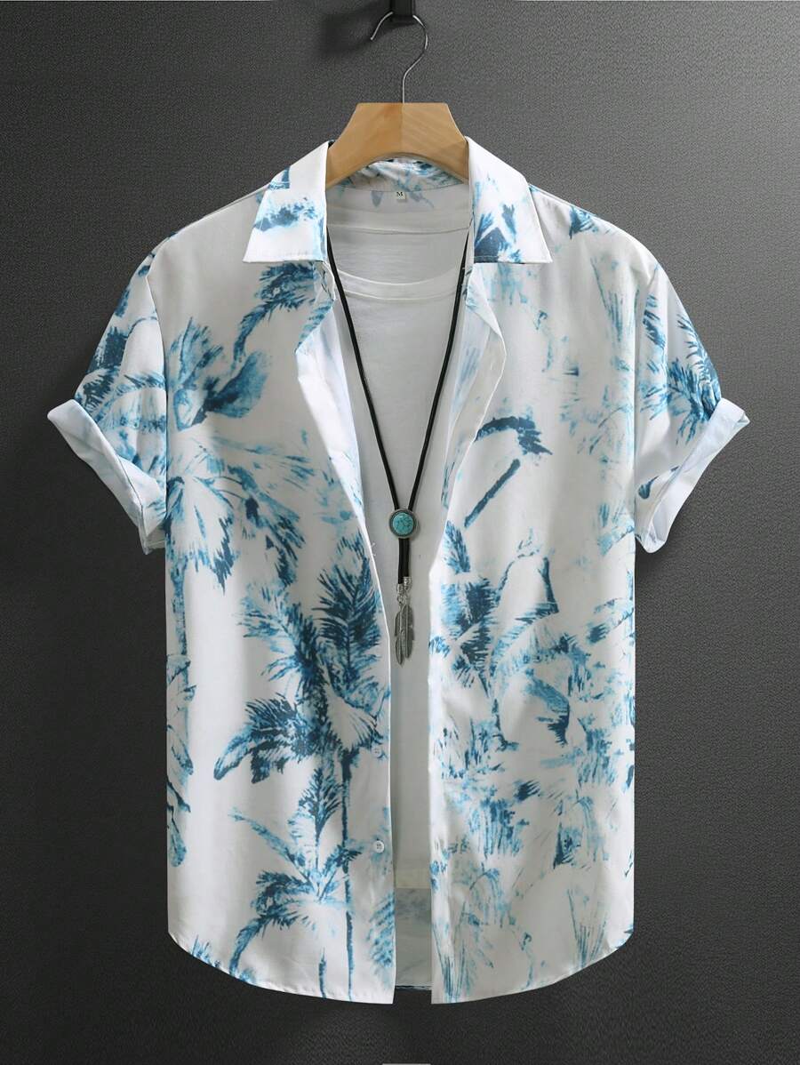 Men's Geometric Print Short Sleeve Casual Shirt, Spring/Summer - White - View 1
