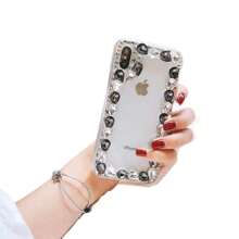 Coque pour iPhone 13 Pro Max - Coque transparente de luxe avec strass et chaîne en argent (noir), cadeau pour la famille, les amis, les enfants, les anniversaires, le printemps, les vacances, le petit ami, la petite amie, la Saint-Valentin