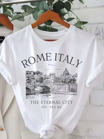 Damer i enfärgad rund halsad kortärmad Casual Lös Rom City Print T-shirt