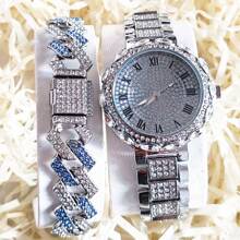 2 pièces/set Style hip-hop mode européenne et américaine Bracelet et montre à quartz pour femmes, cadran orné de strass avec chiffres romains, bracelet en acier inoxydable