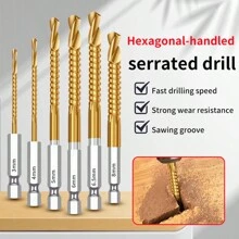 6pcs Wood Carpenter Saw Tooth Drill Perforated Flower Saw Tooth Drill Bits Hexagon Auger Twist Drill Bit Wood Drill Bit Saw Drill Combination, Iron Tooth Copper Thread