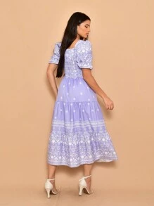 Helena Crepe Printed Midi Dress With Short Sleeves - Lilac Purple - View 3
