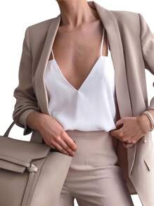 Women Suit Jacket, Solid Color Lapel Long Sleeves Open-Front Loose Formal Coat For Ladies, 8 Colors - Khaki - View 1