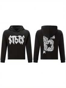 Mens Punk Hoodie Loose Letter Number Print Long Sleeve Hooded Sweatshirt With Front Pocket Vintage Streetwear