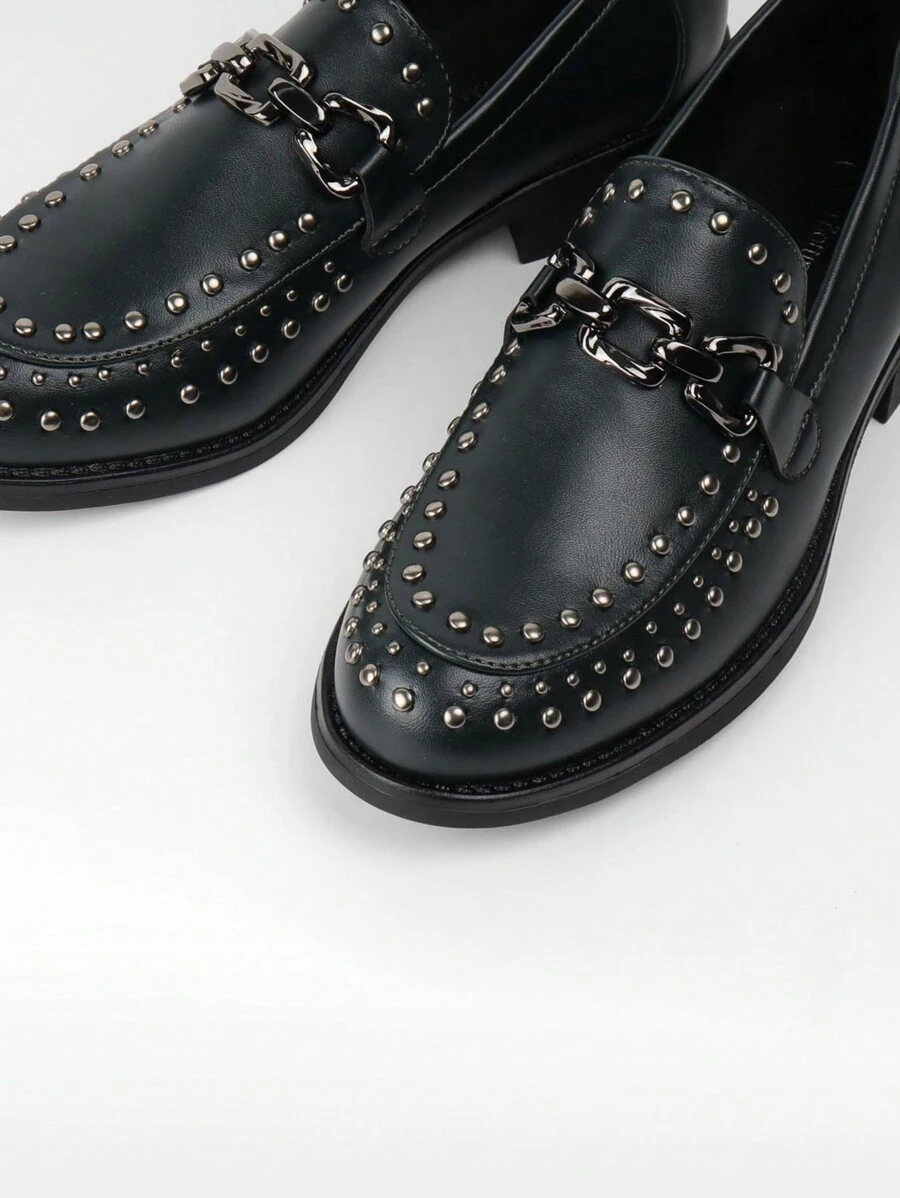 春秋新款女士金属乐福鞋平底休闲一脚蹬船鞋 - 墨綠色 - 查看 1