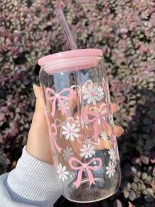 1 Pc Glass Cup Pink Bow 550ml ,Coffee Cup With Sealed Bamboo Lid And Straw, Christmas,Summer, Halloween,Suitable For Office And School, For Coffee, Tea, Beer, Juice, Hot And Cold Drinks, Smoothies, Etc,Reusable, Thermal Insulation, Used For Parties, Gatherings, Festivals, Thanksgiving,Teachers' Day, Holiday Gifts, A Gift For Mom, Lovers, Boyfriends And Girlfriends,Best Friend, Bride.