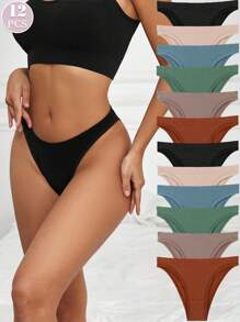12Pcs Sexy Soft Women Panties Stretchy Briefs Female Underpants Thongs Fashionable And Minimalist Solid Colors Briefs Lingerie & Women Underwear - 彩色 - 查看 1