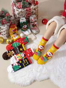 8 Pairs Kids/Children Cartoon Christmas Socks, Santa Claus & Reindeer Mid-Calf Socks, Warm Thermal Crew Socks For Students, Autumn/Winter