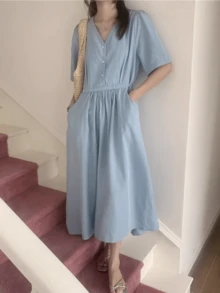 Women's Solid Color V-Neck Button Half-Placket Short Puff Sleeve Pockets Casual Dress - Blue - View 6