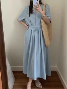 Women's Solid Color V-Neck Button Half-Placket Short Puff Sleeve Pockets Casual Dress - Blue - View 3