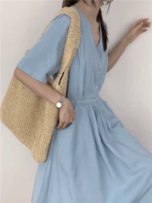 Women's Solid Color V-Neck Button Half-Placket Short Puff Sleeve Pockets Casual Dress - Blue - View 4