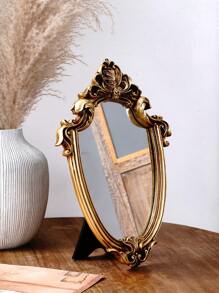 1 szt., 11,5*8" Vintage Gold Floral Patterned Decorative Mirror z ramą z żywicy i szklanym lustrem, nadaje się do dekoracji ściennej lub toaletki, antyczny styl europejski