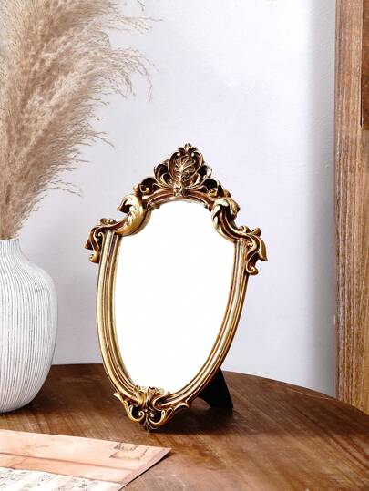 1 szt., 11,5*8" Vintage Gold Floral Patterned Decorative Mirror z ramą z żywicy i szklanym lustrem, nadaje się do dekoracji ściennej lub toaletki, antyczny styl europejski