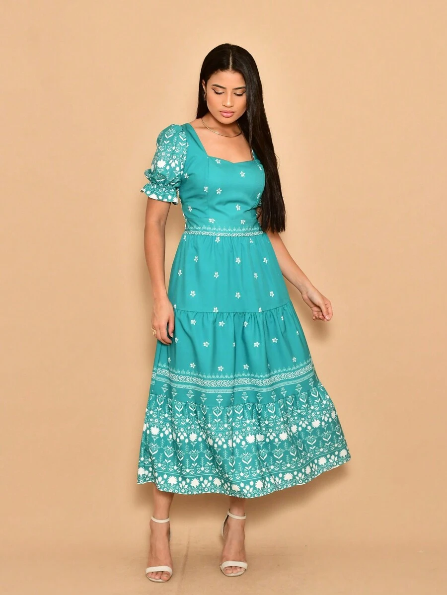 Helena Crepe Printed Midi Dress With Short Sleeves - Dark Green - View 1
