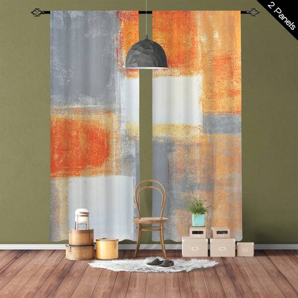 Juego de 2 piezas, cortinas semitransparentes con estampado naranja abstracto, cortinas con ojales de poliéster para sala de estar, dormitorio, decoración del hogar multiescenario, suministros para fiestas