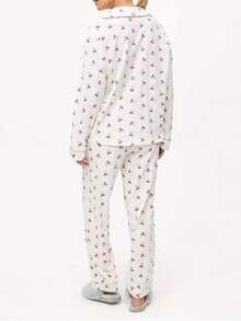 Cute Bow Pajama Set For Women Y2k 2 Piece Pjs Long Sleeve Button Down Pajama Shirt Palazzo Pants Set - 白色 - 查看 2