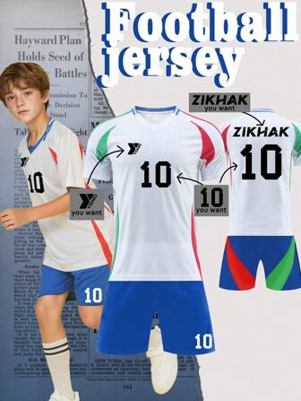 "2024-2025 Customizable Italy-Inspired Youth Football Kit For Kids (Ages 8-12) - Personalized Jersey And Shorts Set, Home Design Style",Customizable Logo, Number, And Text Content