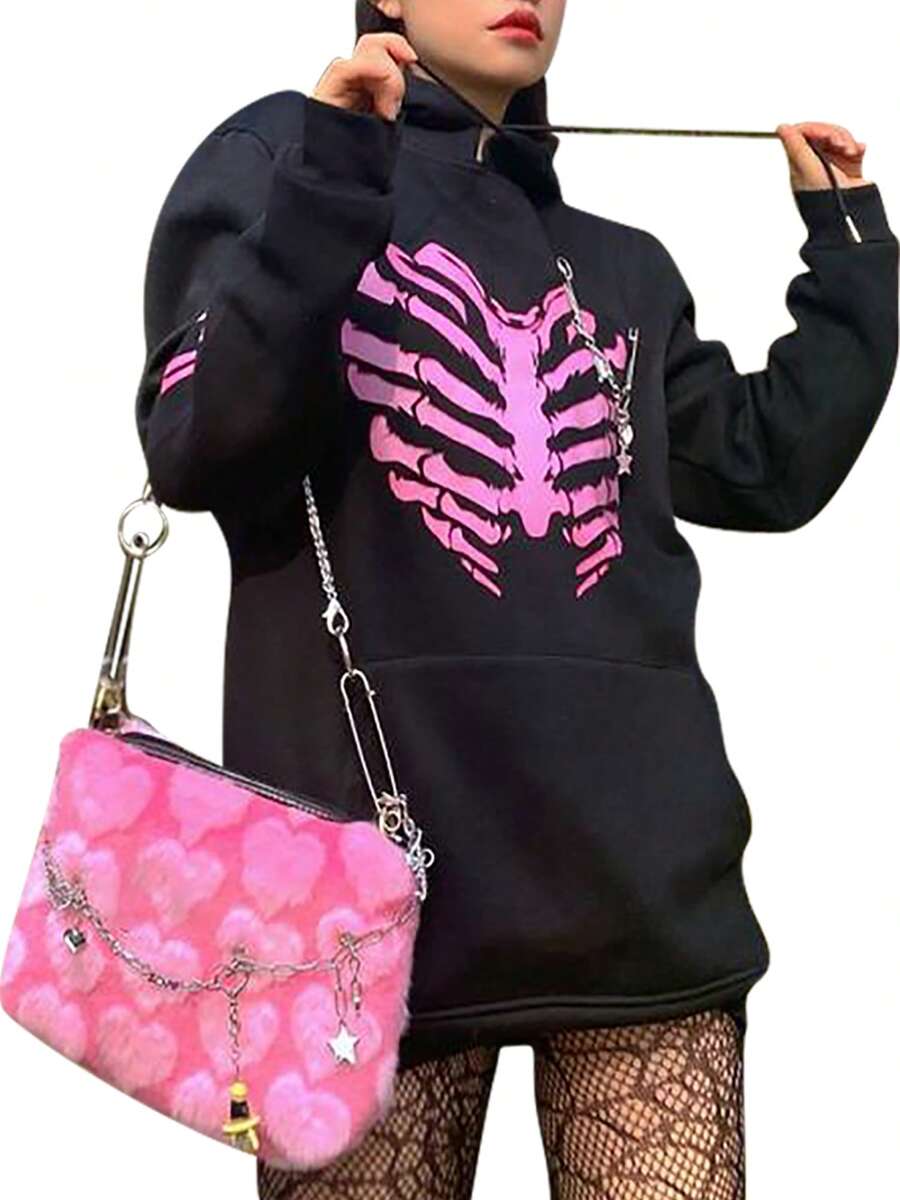 Womens Drawstring Hoodies, Long Sleeve Heart Skeleton Print Oversized Sweatshirts - Black - View 1