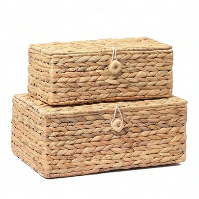 2pcs/1pc Rectangular Wicker Storage Baskets With Lids, Vintage Rattan Decorative Boxes, Multi-Purpose Shelving Organizer, Bohemian Style Wicker Home Decor, Hand-Woven Rattan Baskets For Bedroom Living Room Kitchen Closet, Rustic Wicker Organizer Bins, Natural Fiber Storage Solutions For Modern Farmhouse Aesthetic