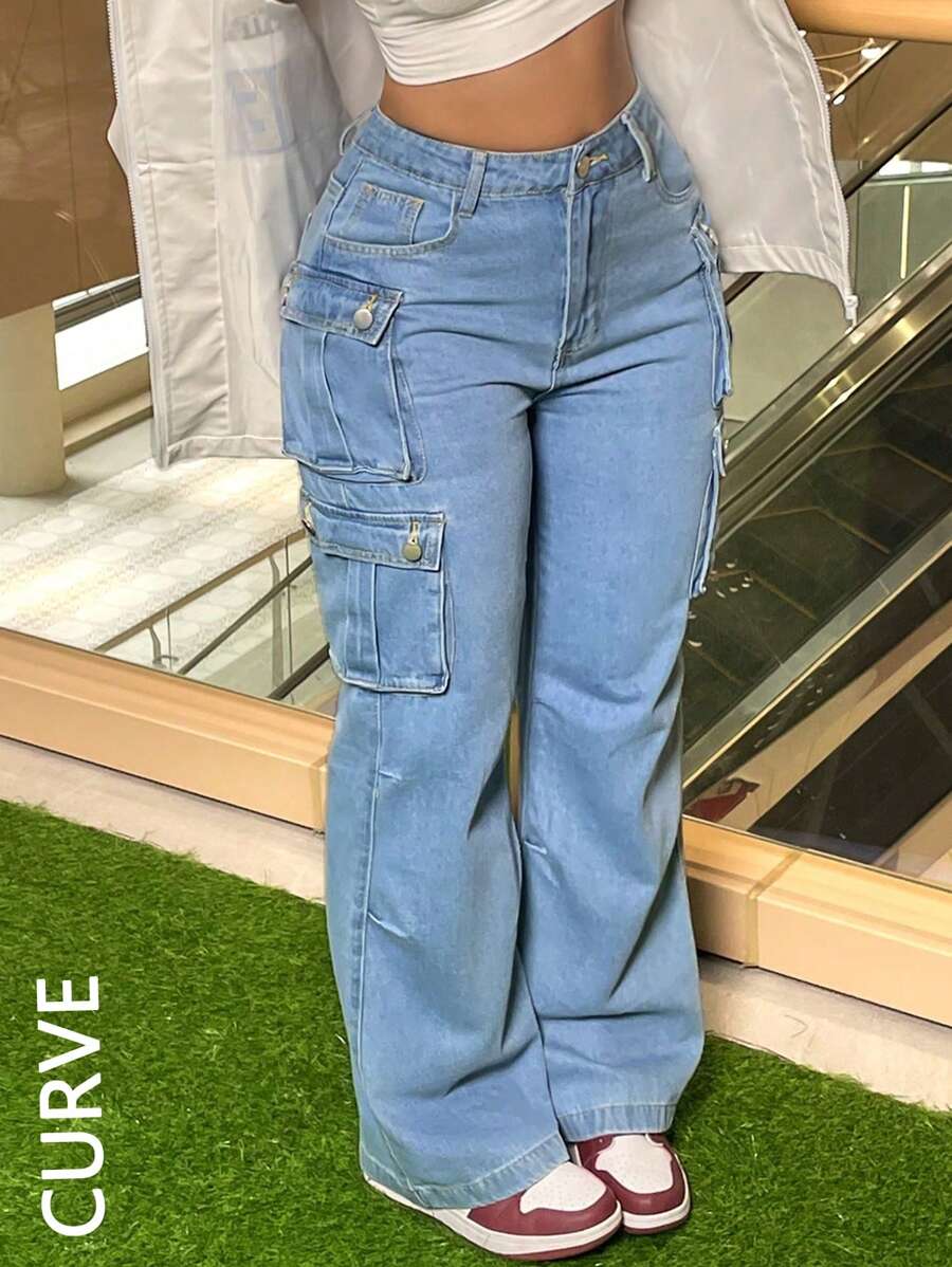 Women's Plus Size Cargo Jeans - Straight Leg Workwear Denim Pants With Utility Pockets, Streetwear Oversized Tactical Pants For Curvy Women, Comfort Stretch Wide Leg - 淺色水洗藍 - 查看 1