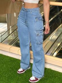 Women's Plus Size Cargo Jeans - Straight Leg Workwear Denim Pants With Utility Pockets, Streetwear Oversized Tactical Pants For Curvy Women, Comfort Stretch Wide Leg - 淺色水洗藍 - 查看 4