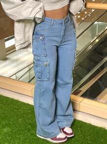 Women's Plus Size Cargo Jeans - Straight Leg Workwear Denim Pants With Utility Pockets, Streetwear Oversized Tactical Pants For Curvy Women, Comfort Stretch Wide Leg - 淺色水洗藍 - 查看 2