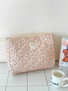 Neceser de maquillaje de terciopelo con estampado floral, bolsa con cremallera de tela con estampado floral, organizador de artículos de tocador de estilo campestre lindo para uso diario, hogar o viaje