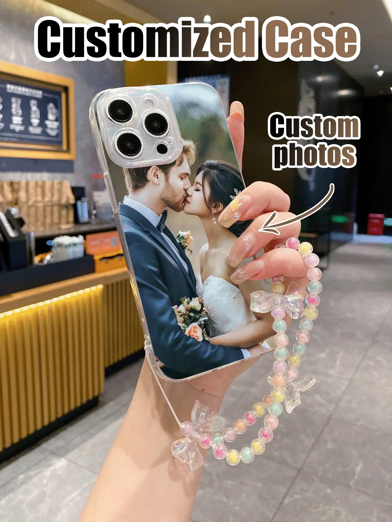 1 Pc Customizable Transparent TPU Phone Case With Adjustable Beaded Bow Wrist Strap, Compatible With IPhone, Android Phones, Galaxy A51 4G, A52, A52s 5G, S23 Ultra, A13 4G, A12, S22 Ultra, OPPO A54, Galaxy A54 - Multicolor - View 2