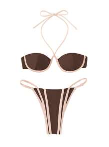 Women 2 Pieces Swimsuit Outfits Solid Color/Contrast Color/Leopard Print Halter Neck Tie-Up Bra And Thong Bottoms Bikini Set