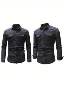 Camisas casuales de primavera y otoño para hombre, camisas con botones de unicolor de manga larga con solapa de tela vaquera para fiestas - Gris Oscuro - Ver 4