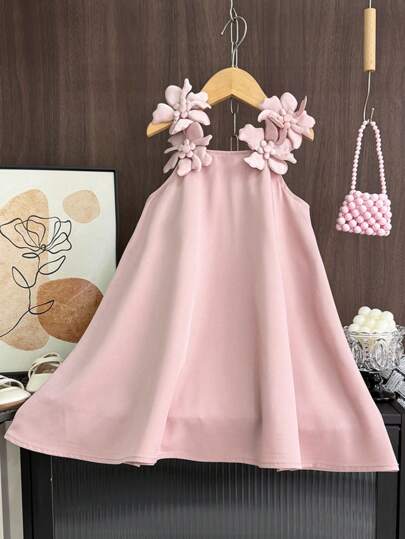 Summer Cute Woven Fabric Solid Color Camisole Dress For Girls