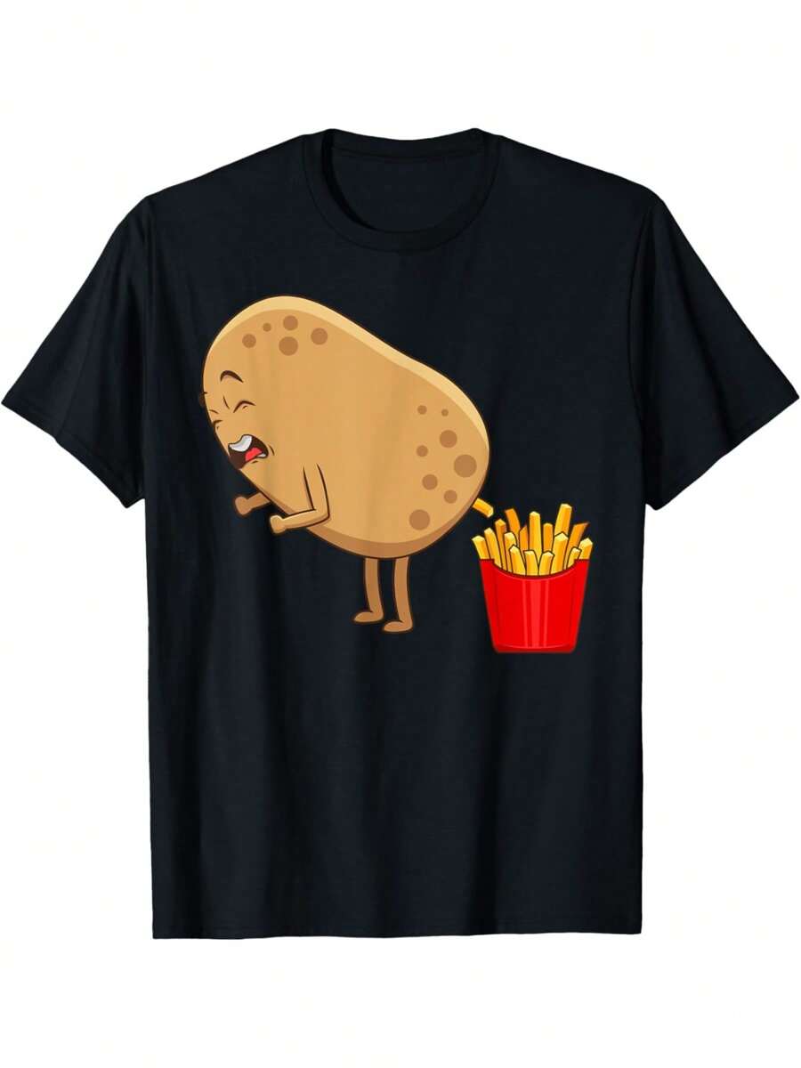 Vibrant French Fry Lovers-Shirt - Comfortable Casual Short Sleeve Tee Men And Women - Fun Foodie Design Summer, Potato Enthusiasts, And FoodiesSuitable Both Men And Wo - 黑色 - 查看 1