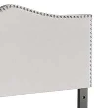 Castle Place Curved Upholstered Nailhead Trim Linen Headboard, Warm Grey, Full