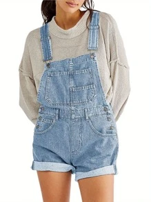 Women Denim Bib Overalls Adjustable Straps Pocket Romper Shorts Casual Rolled Cuff Shortalls - Màu xanh nhạt - Xem 2