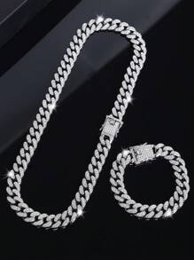kuuioe 2pcs/Set Exquisite Cuban Link Chain Necklace Plus Bracelet,Unisex Hip Hop Jewelry For Rappers, Men's Jewelry Set,Perfect Gift For Son/ Father'S Day/Boyfriend - Style a - View 12