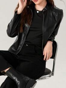 Women's Faux Leather Jacket, Slim Moto Biker Jacket Outerwear, Long Sleeve Zipper Short Jacket