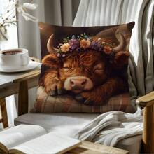 1 pièce 45 x 45 cm / 50 x 50 cm / 40 x 40 cm Housse de coussin imprimée d'une couronne florale à l'aquarelle et d'un vache des highlands en polyester, décoration de maison pour canapé, chambre, voiture [sans insert de coussin], convient pour un usage quotidien, décoration de maison minimaliste de luxe - Multicolore - Voir 9