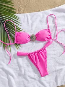 Nuevo conjunto de bikini elegante de fiesta con decoración de concha de unicolor y cordones, traje de baño de moda de playa de verano para mujer