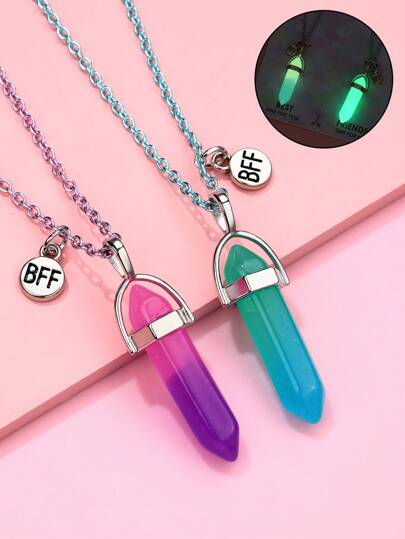 Set de 2 collares de cuentas de resina con piedra que brilla en la oscuridad, regalo de joyería linda adecuada para uso diario y para mejores amigas