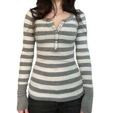 Womens Y2K Stripes Print Tops Long Sleeve V Neck Slim Fit Henley Shirts Fairy Grunge Blouses - 灰色 - 查看 3