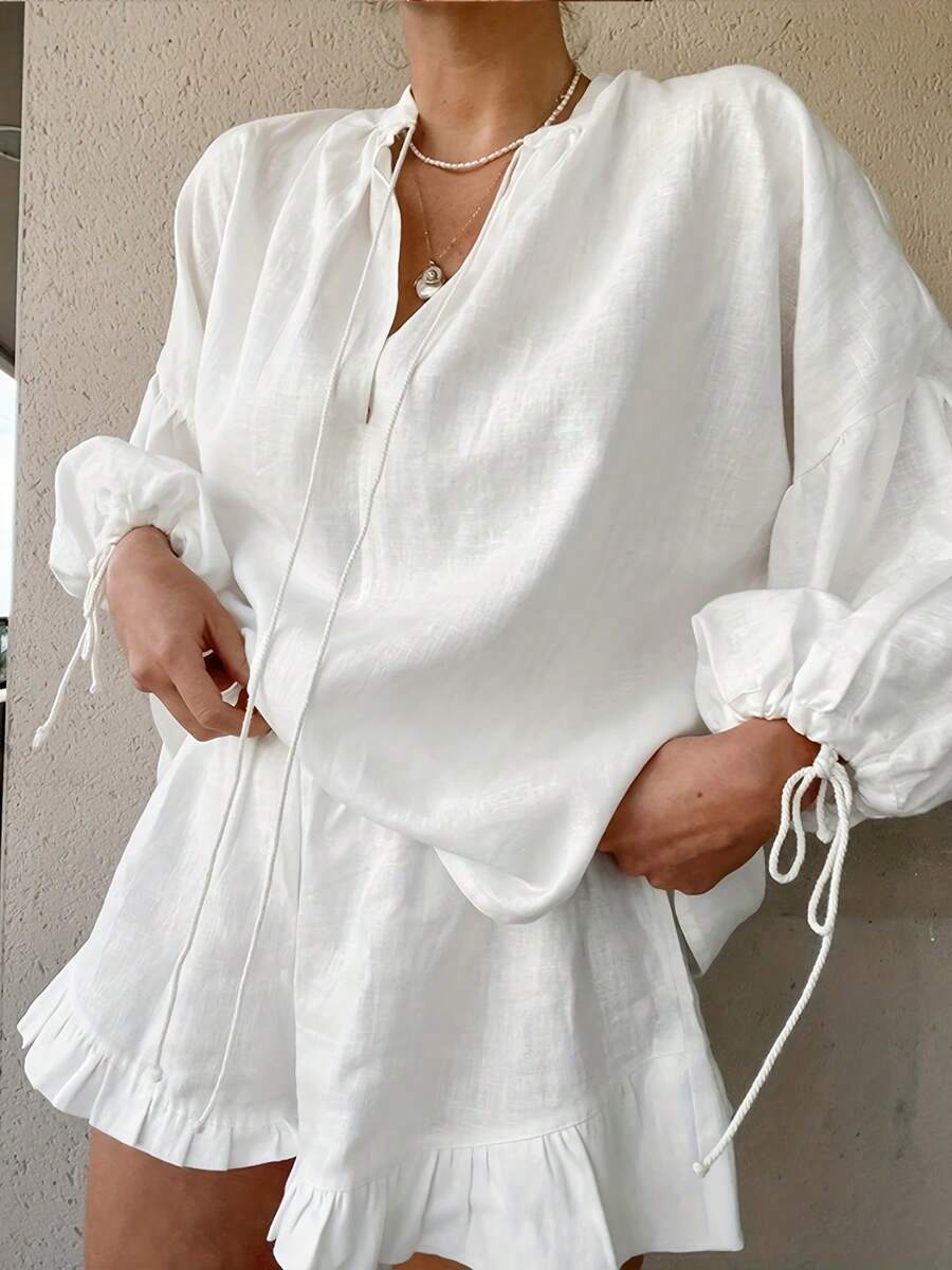 Women Cute Sweet 2pcs Outfits Solid Color Long Sleeve Tie-Up V-Neck Loose Fit Shirts Tops Elastic Waist Ruffle Trim Shorts Pj Set Loungewear - 白色 - 查看 1