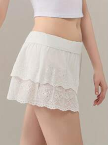 Womens White Short Skirts Cute Hollow Eyelet Embroidery Ladies Mini Elastic Waist Ruffle Low Rise Skirts - White - View 5