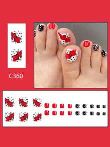 Set de arte de uñas elegante y de cutis justo con 24 piezas brillantes, adorables y a la moda con diseño de lunares y lazo rojo envolver para dedos de los pies, juego completo de manicura para mujeres con uñas postizas, adecuado para fiestas, fiestas de baile y uso diario, suministros de uñas uñas falsas uña falsa uña acrílica