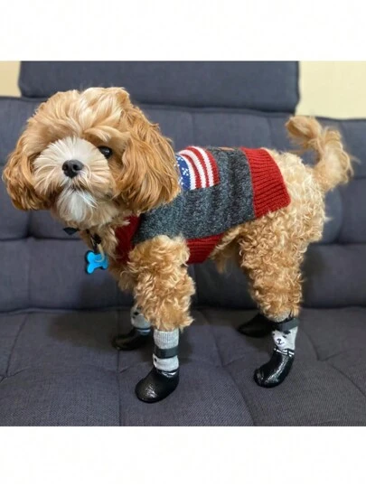 4件套狗狗猫咪防水鞋袜，宠物冬季保暖靴（随机图案），雨雪天狗狗鞋，适用于中小型犬，防滑，保护爪子，防污幼犬鞋