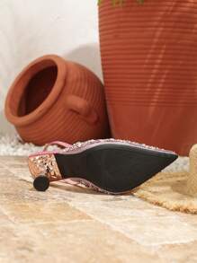 秋冬粉色弹力带后跟镶钻女士凉鞋，尖头露跟方跟高跟鞋，独特设计，优雅派对鞋 - 粉色 - 查看 5