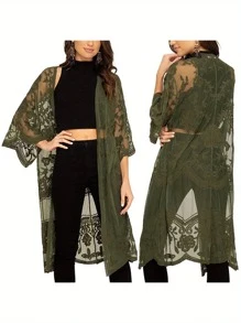 Women Casual Beachwear Cardigan, Solid Color 3/4 Sleeve See-Through Embroidery Flower Cover-Up - Green - View 3