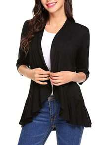 Women Spring Autumn Cardigan Tops, 3/4 Sleeve Casual Solid Color Ruffled Hem Thin Tops Coat - Black - View 4