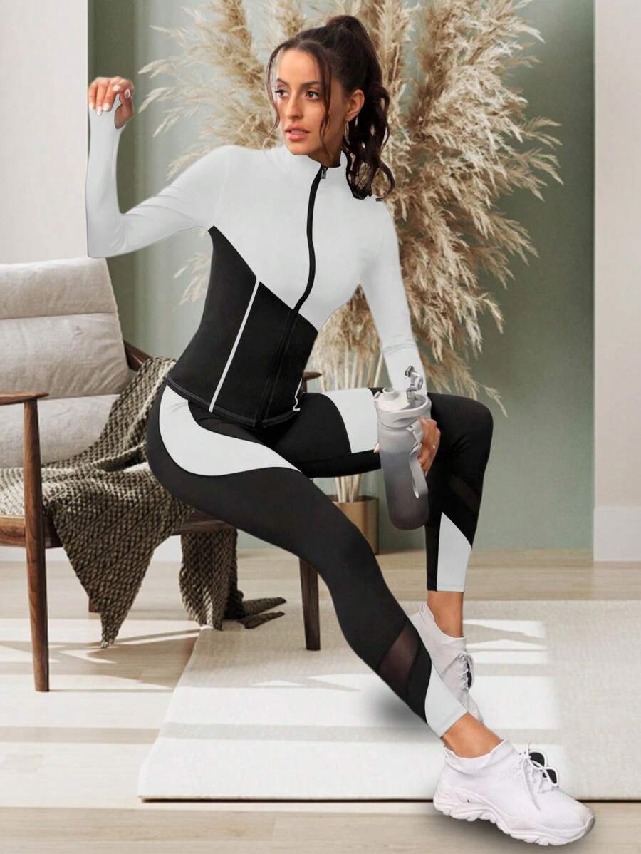 Women Small Size Sporty Set - Long Sleeve Crop Top & High Waist Leggings, Slim Fit Stylish Color Block Casual Outfit