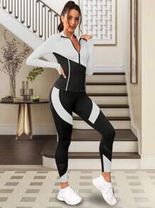 Women Small Size Sporty Set - Long Sleeve Crop Top & High Waist Leggings, Slim Fit Stylish Color Block Casual Outfit